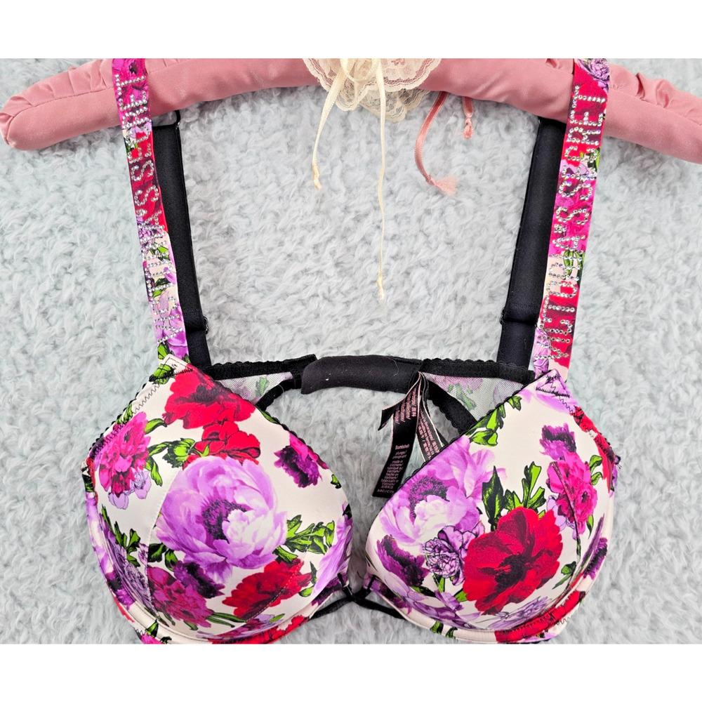 Victoria’s Secret Bra 34C Bombshell Shine Strap Pink Push Up Floral Rhinestone